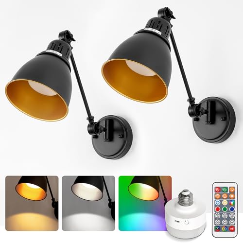 Image of DORESshop Wall Sconces Set of 2, Rechargeable Wall Lights with 350 Rotation, Dimmable Battery Operated Wall Sconce, Wireless Wall Mount Light for Bedroom, Living Room(2 Pack Gold and Black)