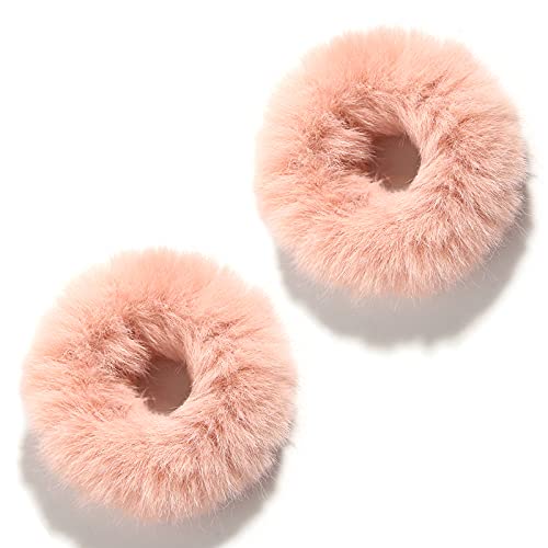 2 Pcs Women Furry Elastic Faux Rabbit Hair Scrunchies Fluffy Ponytail Holder Pompom Ball Hair Bands Ties For Girl Hair Accessories (Shell Pink) #TOP22
