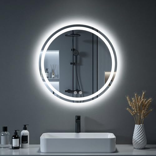 Image of NEWBULIG 24'' Round LED Bathroom Mirror with Lights, Circle Vanity Mirror | Anti-Fog, Dimmable, 3-Color Light, Front Light and Backlit, Memory Function, Tempered Glass