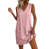 YULINYEAH Tummy Hiding Outfits for Women, Sleeveless V Neck Loose Fit Womens Linen Midi Dresses with Pockets, Breathable Quick Dry Summer Fashion 2026 for Beach Vacation Travel Sundresses 01# Pink M