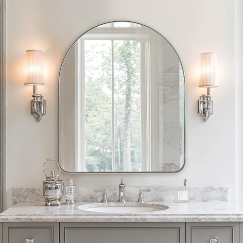 Image of ANDY STAR Arched Mirror, 30 x 36 Inch Polished Chrome Wall Mirror in Stainless Steel Metal Frame, Arch Top Rounded Corner 1 Inch Deep Set Design Wall Mount Hangs Vertical