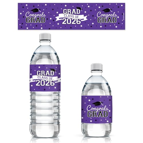 DISTINCTIVS Purple Class of 2026 Graduation Water Bottle Labels, 20 Count