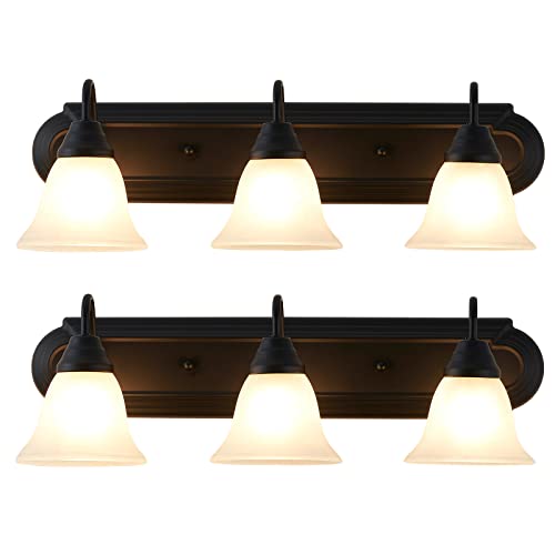 LUENFAT Black Bathroom Light Fixtures Over Mirror, Farmhouse 24 in. 3-Light Bathroom Vanity Light Fixture with Alabaster Glass Shade, Up or Down, Dimmable Lights for Bathroom, Powder Rooms, Pack of 2 LUENFAT Black Bathroom Light Fixtures Over Mirror, Farmhouse 24 in. 3-Light Bathroom Vanity Light Fixture with Alabaster Glass Shade, Up or Down, Dimmable Lights for Bathroom, Powder Rooms, Pack of 2