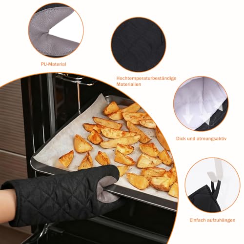 Halinuia 2 Stück Ofenhandschuhe mit 2 Topflappen,Hitzebestaendig Topfhandschuhe,Baumwolle Rutschfest Topflappen Handschuh,Schutz Verstärken Backhandschuhe Schwarz für Kochen Backen Grillen Auflaufform