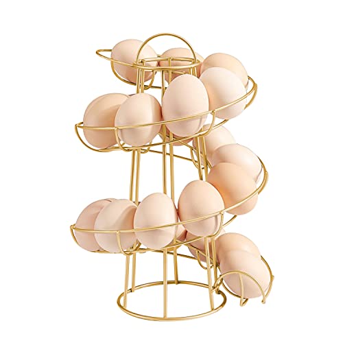 Flexzion Spiral Egg Rack for Fresh Eggs (Medium Egg Display) - Modern Egg Skelter Freestanding Wired Countertop Egg Holder for Fresh Eggs, Dispenser Stand, Storage Rack for Kitchen, Gold