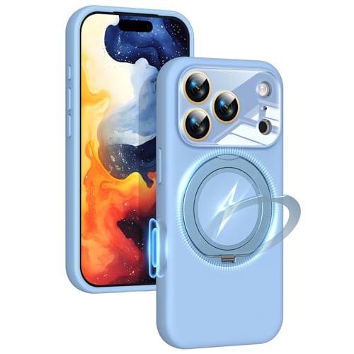Image of Silicone 360 Spin Magnetic Stand Case for iPhone 17 Pro Max, [Compatible with Mag-Safe][Reinforced Hard Camera Protection] Liquid Silicone Rubber Phone Cover with Ring, Camera Button, Sky Blue