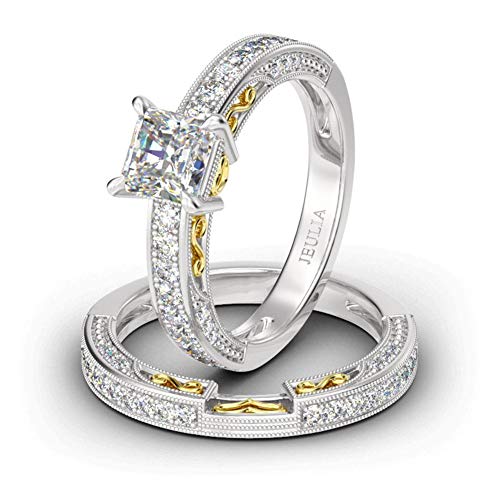 Jeulia Women 2 Carat Princess Cut Wedding Ring Sets 14K Gold Plated Diamond Cubic Zirconia Promise Rings CZ Solitare Wedding Band with Side Stones Halloween Jewelry Romantic Gift for Her