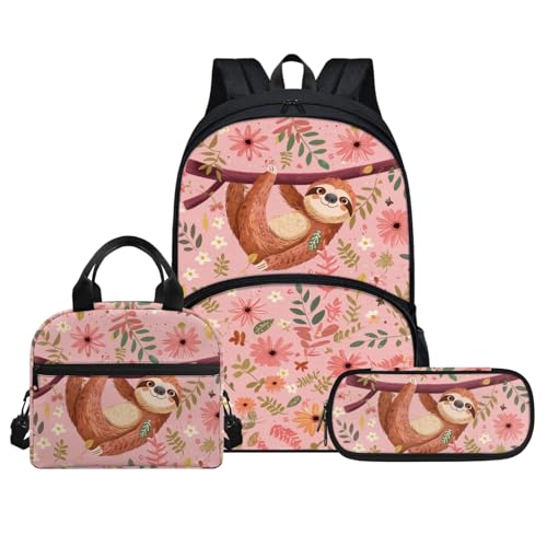 COEQINE Sloth Backpack And Lunch Box For Girls Pink Little Floral School Bag For Girl With Lunch Box And Pencil Case for Toddler Kids Fashion Bookbag With Shoulder Strap Rucksack for Teen Girls 3 Pcs