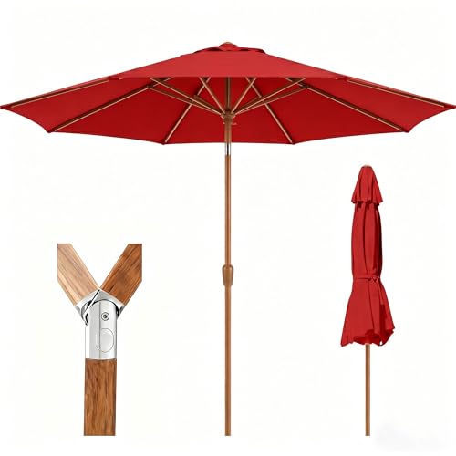 Patio Kingdom 9ft Outdoor Patio Umbrella, Market Table Umbrella with Crank and Easy Push Button Tilt, Wood Grain Frame, UPF 50+ for Pool, Garden, Deck, Backyard, Red