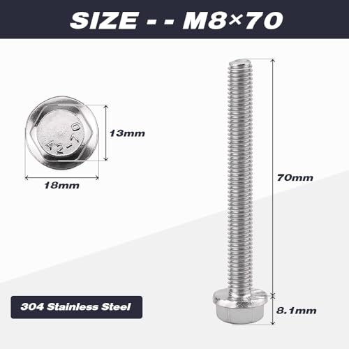 Image of M8-1.25 x 70mm (8 pcs) Flanged Hex Bolts, 304 Stainless Steel 18 /8, Large Washer Head Automotive Screws for Car Parts & Machinery Replacement