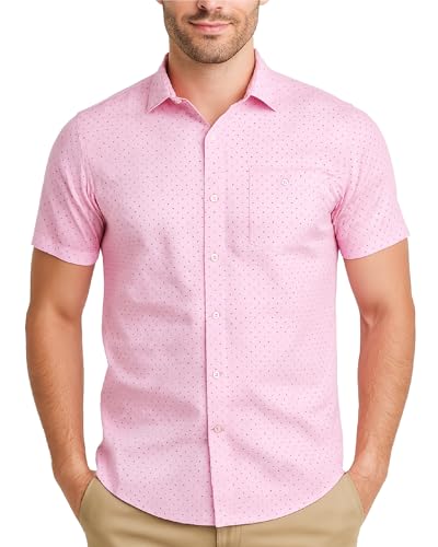 CANADA WEATHER GEAR Mens Button Down Shirt - Woven Stretch Casual Short Sleeve Collared Shirts for Men with Pocket, Size Large, Pink