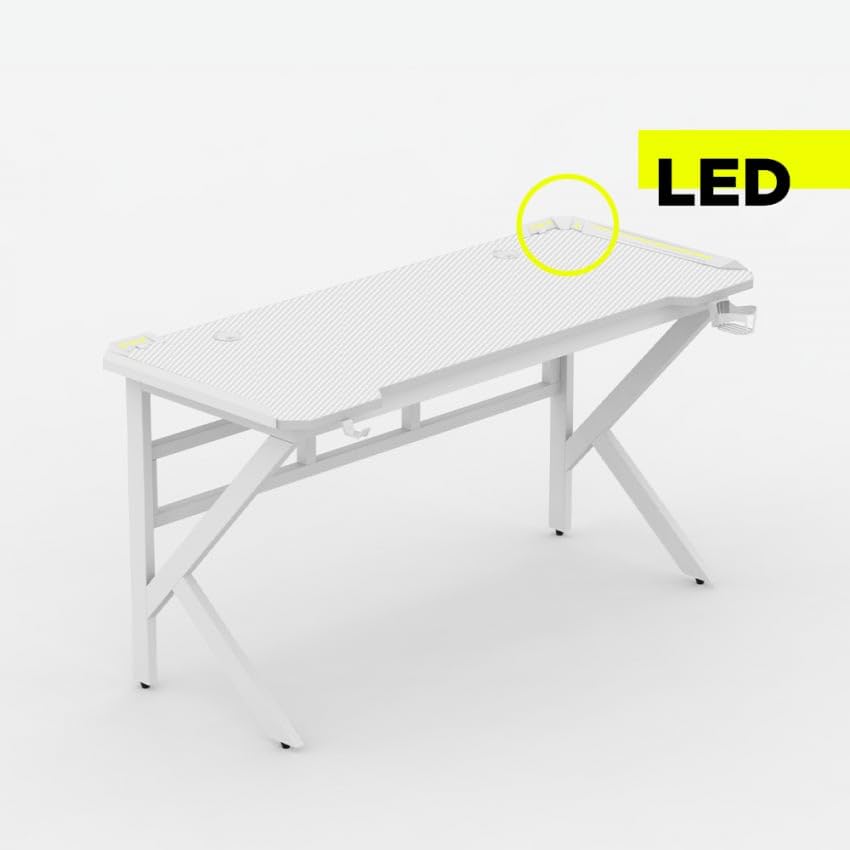 Produce Shop Mesa Gamer LED de Carbono con Soporte para Auriculares y Bebidas 120x60 Sportbot LED 120 - Blanco