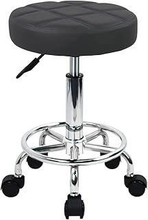 Stool with Wheels Round Rolling Stool with Footrest PU Leather Height Adjustable 360° Swivel Stool with Wheels Office Stool Chair Home Drafting Work Studio Shop SPA Salon Small