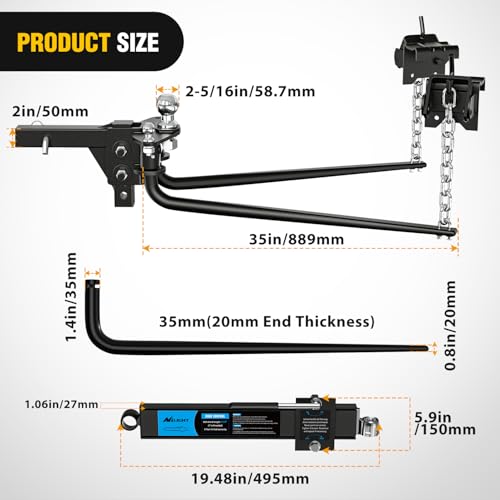 Image of Nilight 1200 lbs Round Bar Weight Distributing Hitches Kit with Interchangeable Spring Bars and Sway Control, 2-in Solid Steel Shank, 2-5 /16 in Alloy Steel Ball