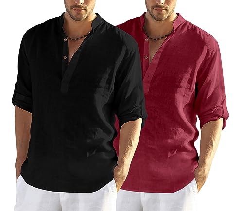 Image of FINIVO FASHION Men's Cotton Blend Solid Full Sleeve Combo Short Kurta Shirt, Regular Fit Solid Pattern Mandarin Collar Straight Kurta Shirt