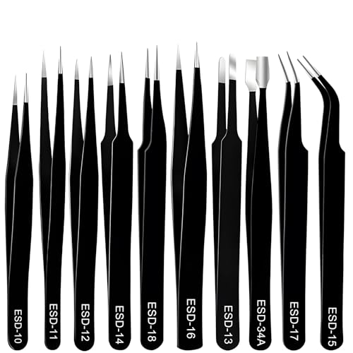 10 Stück ESD Pinzetten Kit, Präzisions Anti Statik Pinzette Set, Modellbau Pinzette, Unmagnetischer Edelstahl Pinzette, Industrie ESD Pinzetten für Elektronische Reparaturen Präzisionsarbeit