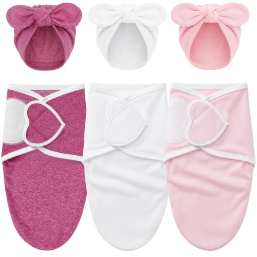 Image of DRESHOW BQUBO 3 Pack Newborn Baby Swaddle Blanket with Hats Infant Adjustable Velcro Swaddling Wraps with Bear Ears Cap for 6-12 Lbs Newborns & 0-3 Months Girls Boys