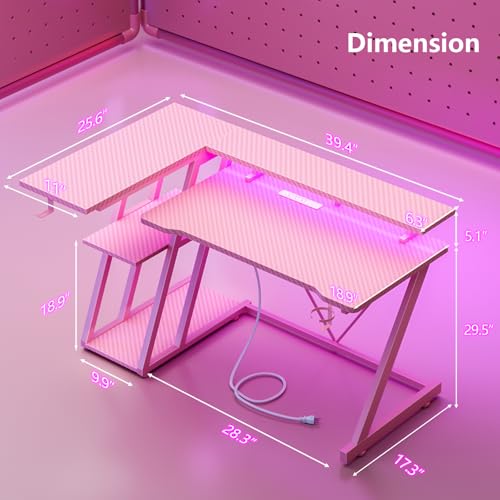 Image of Korfile 40 Inch Pink Gaming Desk with Power Outlet & LED Lights, Corner Computer Desk with 3 Tiers Storage Shelves, L Shaped Gaming Desk with Monitor Stand for Bedroom
