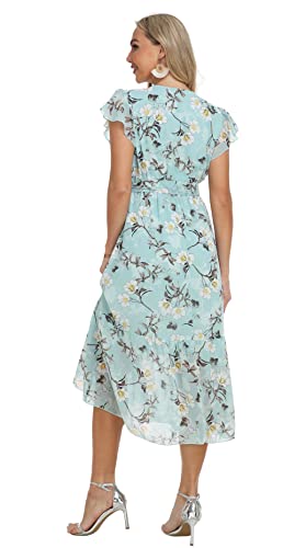 Image of VintageClothing Womens Sundress Casual Floral Summer Boho Dress | Flowy Wrap V Neck Ruffle A-Line Pleated Hem Midi Dresses