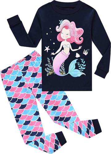 EULLA Kinder Mädchen Schlafanzüge Langarm Baumwolle Winter Pyjama Set Meerjungfrau Zweiteilig Nachtwäsche Größe 6 Jahre alt O-Dunkelblau...