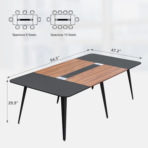 Shahoo 8FT Conference Table, Large Meeting Table with Rectangle Grommet and Metal Frame, Modern Seminar Boardroom Table for Office Conference Room, Black and Brown(94.5L*47.2W*29.9\" H)