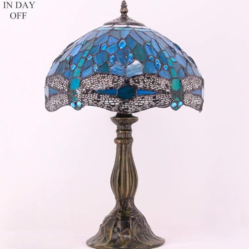Image of WERFACTORY Tiffany Lamp Green Blue Stained Glass Bedside Table Lamp 18 Inch
