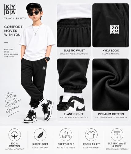 Image of KYDA Kids Boys Premium 100% Cotton Regular Fit Track Pants Soft Breathable Elastic Waist Casual Joggers Kids Playwear Everyday Comfort Wear-Pack of 2