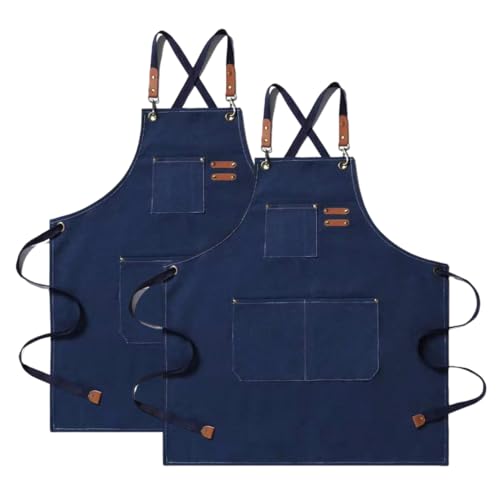 Delantal de Cocina Lienzo (2 Piezas), Delantal de Trabajo con 3 Bolsillos Correa Ajustable Delantale de Barbacoa Impermeable Profesional para Hombre Mujer para Peluquero, Cocina, Jardinero (Azul)