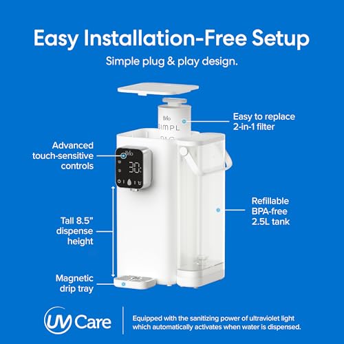 Image of Brio SIMPL W2 Countertop Water Dispenser w /Refillable 2.5L Water Tank, 2-in-1 Sediment & Carbon Filter Included, Room Temp., LED Display w /Touch Buttons, No Plumbing Necessary, White