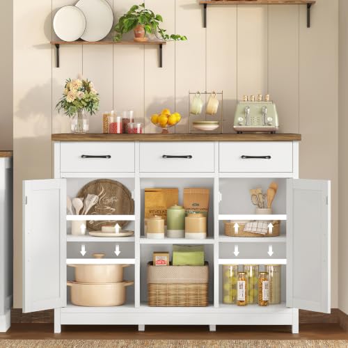 Image of TEENFON Storage Cabinet, Coffee Bar Cabinet with 3 Drawers, 2 Adjustable Shelves & 2 Doors, Buffet Cabinet, Kitchen Cabinet for Kitchen, Dining Room, Living Room, White
