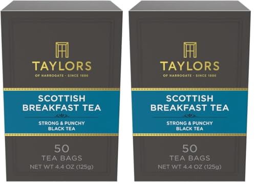 Image of Taylors of Harrogate Scottish Breakfast Black Tea Individually Wrapped Bags, Strong, Malty and Full, Caffeinated, Enjoy Hot or Iced, 50 Teabags (Pack of 2)