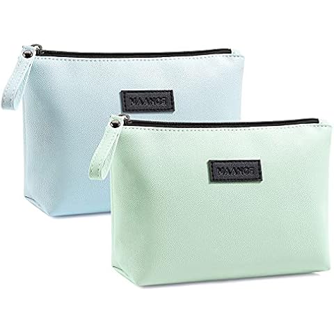Kleine Kosmetiktasche für Geldbörse MAANGE 2 Pcs Kleine Make up Tasche Tragbare Schminktasche wasserdichte PU Leder Make up Tasche mit Griff Vielseitige Reißverschlusstasche für Frauen (Grün + Blau) Cover
