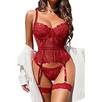 Avidlove Damen Dessous Set Sexy Spitze Babydoll Reizwäsche Corsage Lingerie 4-teiliges Set Body Mit Bügel-BH und Höschen Strumpfhalter Weinrot L