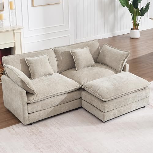 GNIXUU Deep Seat Sectional Sofa, 76.7' Comfy Cloud Couch loveseat with Ottoman, Modern Chenille Love...
