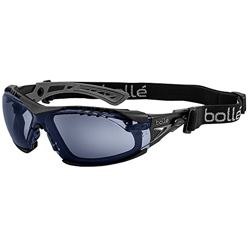 Bolle Safety Rush+ Safety Glasses Platinum with Assembled Foam and Strap, Black & Grey Frame, Smoke Lenses