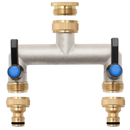 Wasserverteiler 2 Wege, Messing Wasseranschluss Verteiler, Verlängerter Griff 3/4 Zoll Adapter mit 2 Stück 3/4 Zoll auf 1/2 Zoll Hahnanschluss für Haus, Hof/Waschmaschine