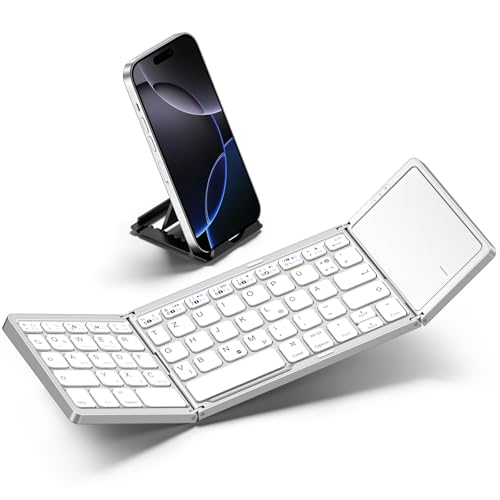 Vobafe Bluetooth Faltbare Tastatur mit Touchpad Kabellose Klappbare Tragbare Mini Tastatur mit 3 Bluetooth-Kanälen für iOS Android Windows Laptop PC Tablet QWERTZ Layout Silber