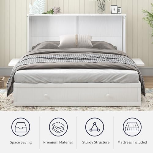 ijuicy Murphy Bed, Queen Size Cube Cabinet Bed w/Foldable Memory Foam Mattress/USB Charging Station/Large Drawer & Side Storage Board for Guests/Bed Room-Cream White - Image 7