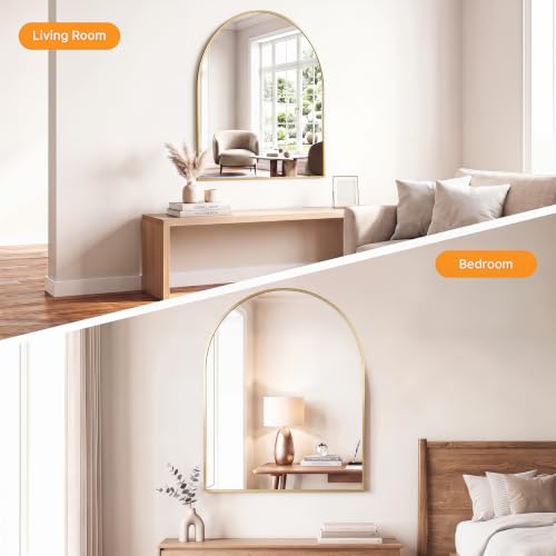 Image of Sweetcrispy 30 inchx38 inch Arched Gold Bathroom Mirror, Bathroom Mirrors for Over Sink, Modern Wall Mirrors Arch Decorative for Entryway, Bedroom, Vanity,Horizontal or Vertical Hanging