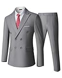 YND Men's 2 Piece Suit, Double Breasted Slim Fit Jacket Pants Set and Tie, Party Prom Dinner Wedding Blazer Tuxedo & Trousers, Grey