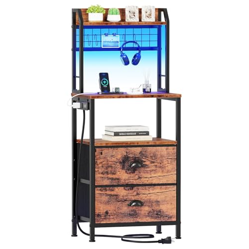 Furologee 40'' Tall Nightstand with Charging Station, Bedside Table with LED Lights, End Table with 2 Drawers and Storage Shelves, Night Stand with Pegboard for Bedroom, Rustic Brown
