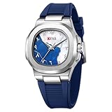 OFNS Orologio da uomo alla moda al quarzo, sportivo, quadrato, casual, per esterni, luminoso, impermeabile, con cinturino in silicone, regalo per uomo, Blu Argento Blu Bianco, Moderno