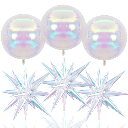 Image of 6pcs 22 inch Iridescent Star Balloons and Iridescent 4D Large Foil Balloons, Foil Star Balloon 4D Rainbow Balloon For Birthday Baby Shower Party Wedding Graduation Anniversary Bridal Shower Decoration