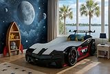 Race Car Twin Bed Frame for Kids, Black and Red Sports Car Design with Bucket Seats, Led Light, Sound