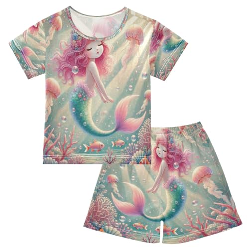 Mermaid Jellyfish Pinkish Pajama Set Short Sleeve Sleepwear Soft Pajamas Shorts Sets Cotton PJS 5Y