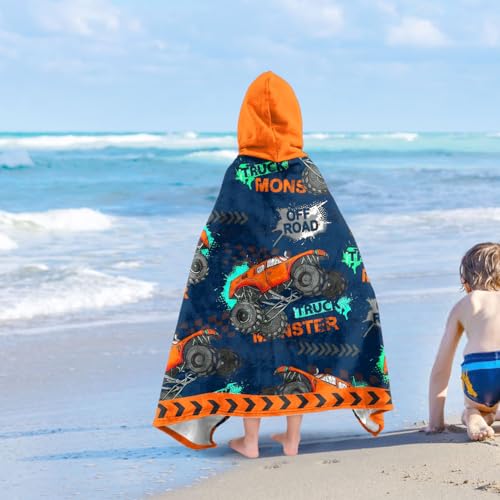 Image of Car Bath Towels Shower Wrap for Boys, Engineering Vehicle Boys Beach Towel with Hoodie for Kids Toddlers Age 4-8, Hooded Poncho Beach Blanket for Pool Swimming Cute Wearable Bath Towel for Child