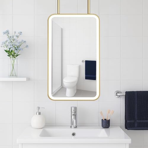 Espejos de baño LED para tocador｜Espejo con barra colgante de metal en el techo｜Espejo decorativo con marco de metal Espejos con luz regulable en 3 colores para el hogar o el hotel(50cmx70cm)