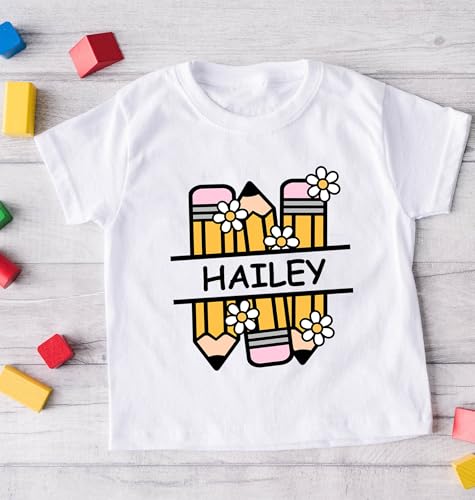 Personalized Yellow Pencils & Eraser Kids Name Shirt, Custom Child's Name Tee, Back To School Outfit, Toddler Youth Kids Clothing3