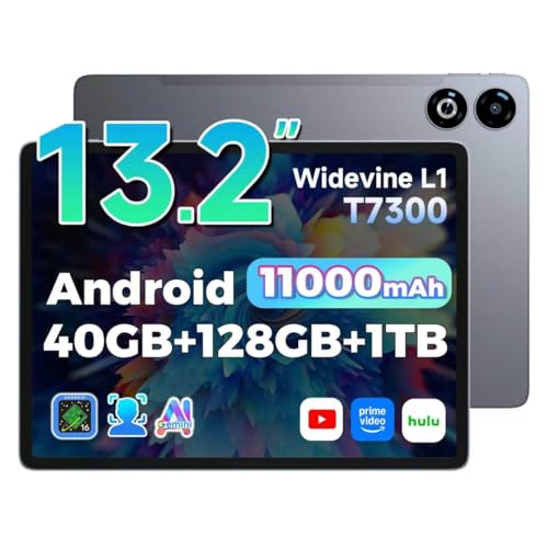 Android16 タブレット 13インチ 40GB+128GB 最大1TB拡張 T7300オクタコアCPU Widevine L1 11000mAh大容量バッテリー wi-fiモデル 13MP+8MPカメラ GPS機能 4G LTE Gemini AI IPS 2240*1600 3.5mm イヤホンジャック 顔認証+画面分割+ワイヤレス投影+キッズモード 読書 年配の方+初心者 大型タブレット