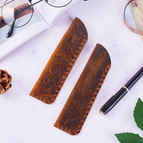 GORGECRAFT 2Pcs Cowhide Pencil Case Fountain Leather Double Pen Sleeve Cover Vintage Flowers Retro Pencil Wrap Holder Pouch for Protective Desk Supplies (Coconut Brown) - Image 4